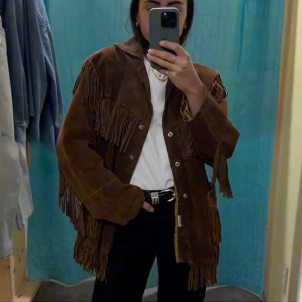 Vintage Simco Dark Brown Leather Suede with Fringe Size 20 (40C) Western Jacket
